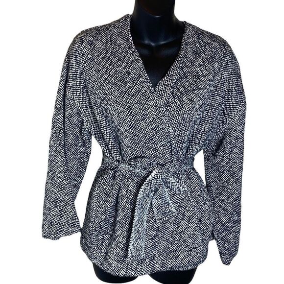Eileen fisher black/white tweed 3/4 sleeve open front belted cardigan petite med - Picture 1 of 7